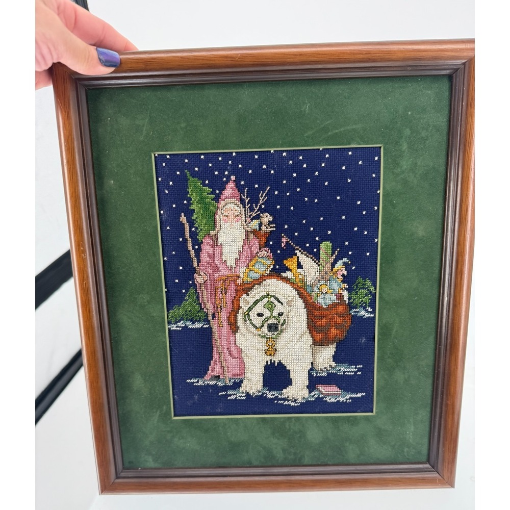 Vintage Santa Cross Stitch Framed Needlepoint Folk Art Christmas Wall Decor